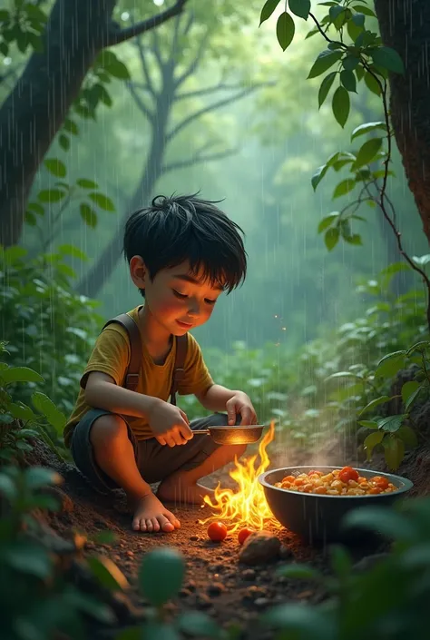 A boy cooking when rain in green forest 