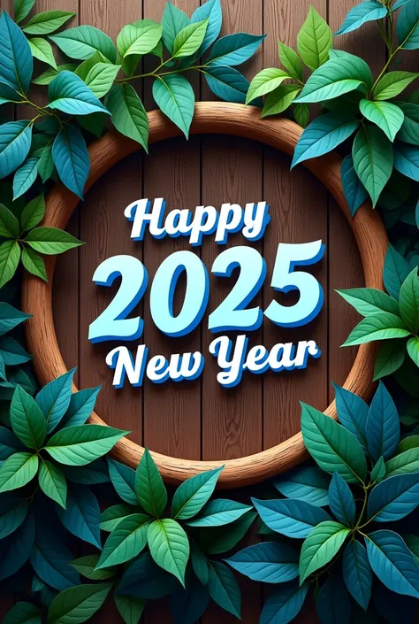 A festive design featuring a circular wooden frame adorned with green and blue leaves, celebrating the New Year. The text HAPPY 2025 NEW YEAR is prominently displayed in bold, white and blue font. The background features a rich wooden texture, enhancing th...