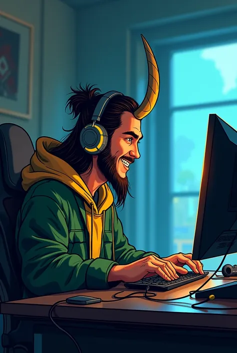 Loki playing on the gamer computer shooting games with headphones on his head in the form of a drawing