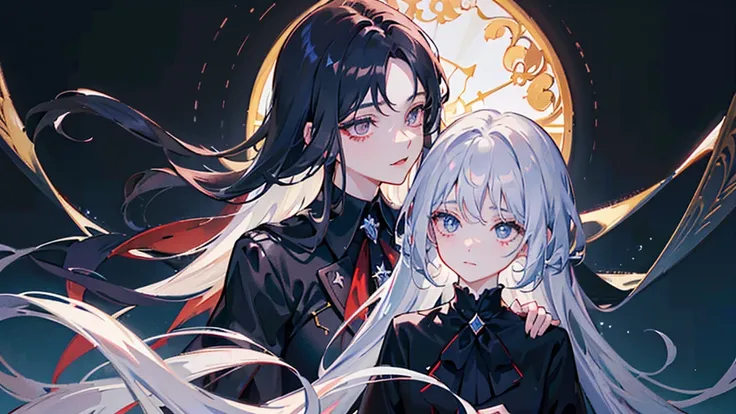 (masterpiece, sidelighting, ultra-detailed, finely detailed beautiful eyes: 1.2). 2 people, twins. (Anime boy, crimson eyes, black suit, white collared shirt, black tie, long dark blue hair, long flowy hair), (Anime girl, crimson eyes, black suit, white co...