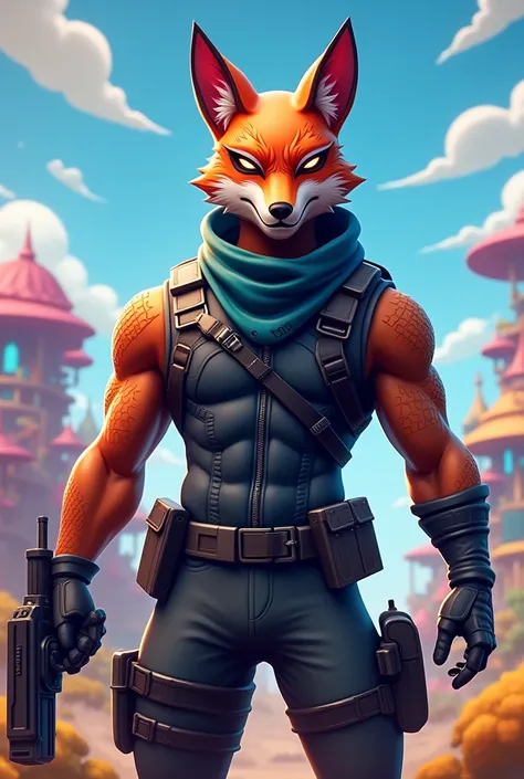 Man with fox mask in the style of the fortnite video game 
