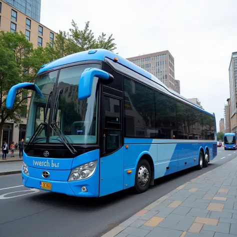 A very large horizontal bus in blue and light blue, Exclusive for students of any institute, at the bottom it says ISIL, the background must be of a street, that the bus is displayed horizontally,