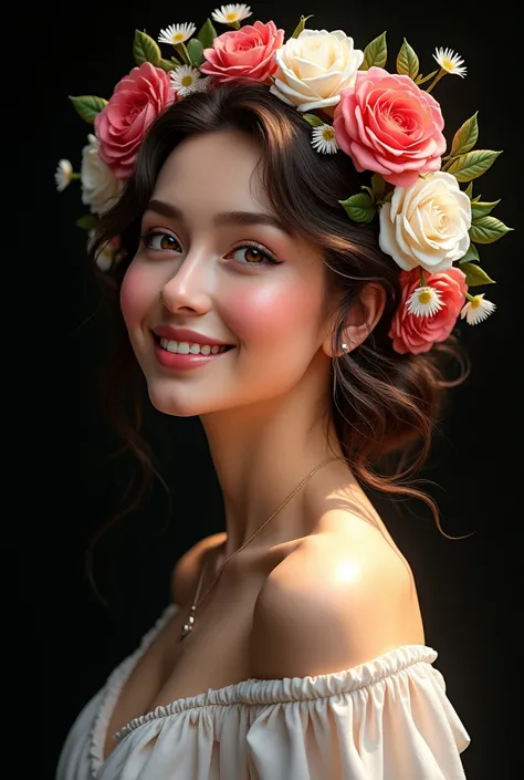 (best quality), (masterpiece), a portrait of a stunning smiling Venus striking a captivating pose, and background is black empty space and full of beauty flowers. (elegant:1.3), (detailed features:1.2), (vibrant colors:1.1), (soft lighting:1.2), (graceful:...