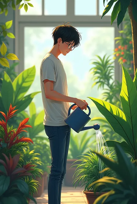 (side view) man watering plants, anime style