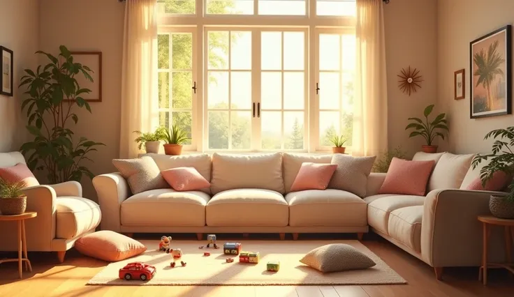 A cozy and warm living room interior. The room has soft furniture, like a couch and cushions scattered around. A large window lets in sunlight, casting a warm glow on the floor. There are a few toys like toy cars, blocks, and action figures on the floor. T...