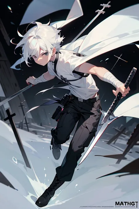 Full body like，White-colored skin，White-colored skin，combat scene，white hair，black pupils，Pure black eyes，Silver stud earrings，Shoun，crosses，bandages，There are bandages on the hands，short and detailed hair，Handsome，Libido ，The highest quality image，at nigh...