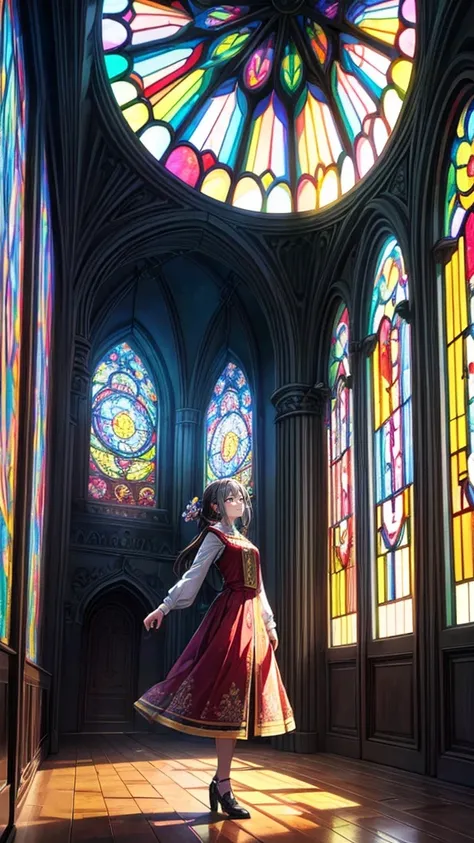 (Masterpiece quality, ,Official Art, Beautiful and aesthetic:1.2),(1 Girl:1.3), 1 Girl BREAK stained glass art, Stained Glass, lead lines, Light penetration breaks up the bright colors, Complex design, Glow effect, Atmosphere