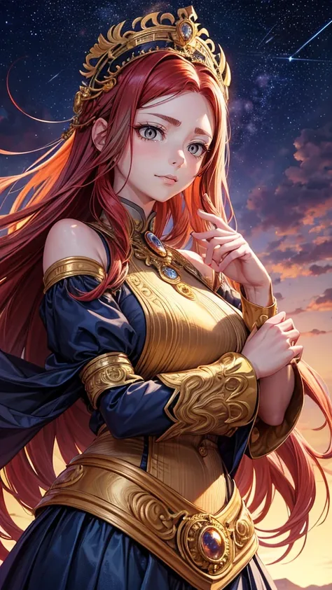 (absurd, high resolution, Extremely detailed), 1 Girl, Constellation - Aries Goddess , Solitary, Mature, Baroque style, Long skirt, Long sleeve, Elegant, Colorful, The most detailed, Upper body , Hair in the sunset . fire eyes . brave, capricious, Producti...