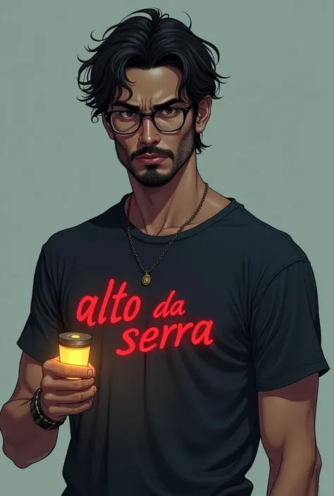 Mature 20-year-old man without expression lines with a mysterious expression, black short hair, with medium black beard and brown eyes with glasses hanging on his shirt wearing a summer camp t-shirt that says Alto Da Serra in red and a flashlight in his ha...