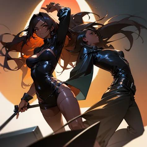 Dominant girl,Long-haired dark-skinned man in rock band leather clothes