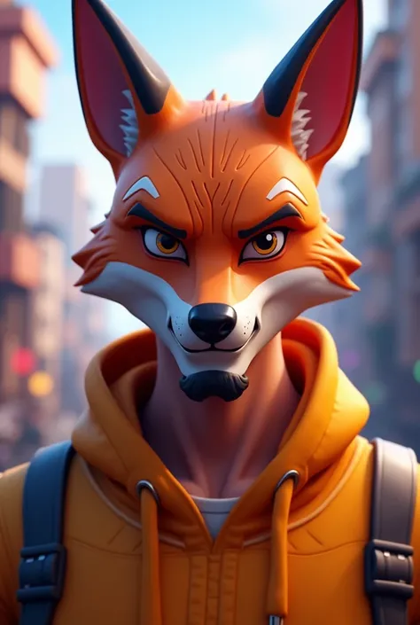 Man wearing a fox-shaped mask and an orange sweater in the style of the Fortnite video game 
