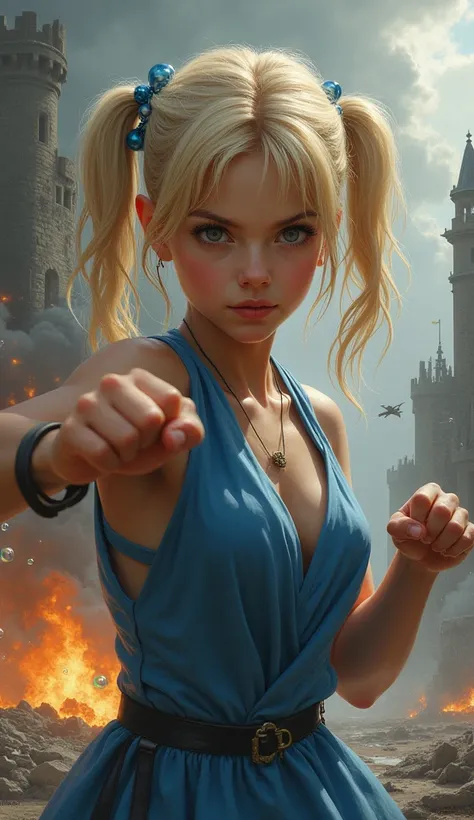 masterpiece, Best Quality, Bubble, Sleeveless blue dress, Blonde Pigtails, Young face, Highly detailed eyes, Intense gaze, Small breasts, fighting posedestroyed castle, A distant fire, Rising Smoke, 