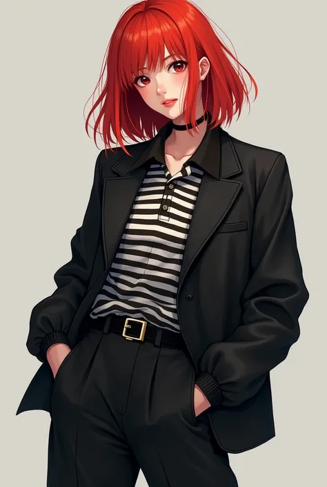 You are a girl with a black jacket and a striped polo shirt and a black blouse and red hair 