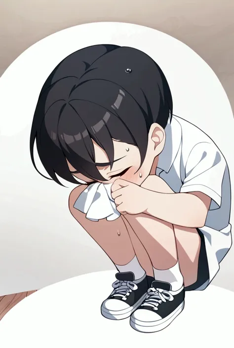 1 boy sniffing his shoes and showing his feet with sweat wet socks white boy black hair, wet feet, sweaty white socks, child smelling dirty black sneakers