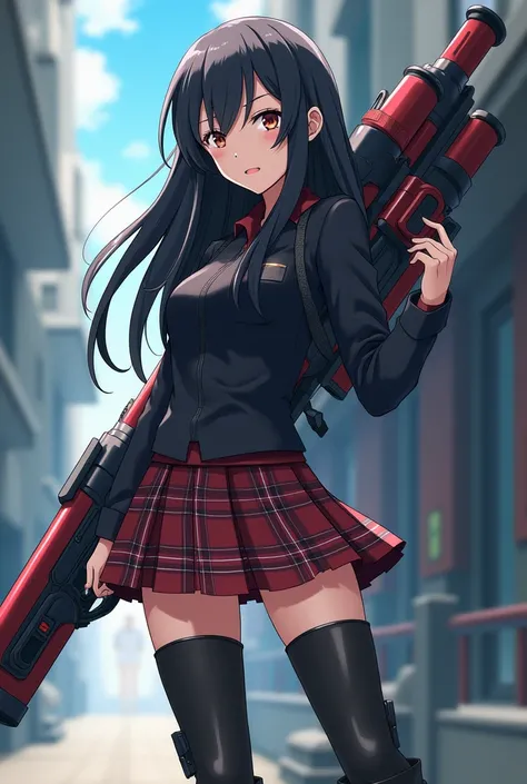 The image features a female character with black hair and a red headband. She is wearing a school uniform that combines a dark blouse with a plaid skirt.. The character holds an object in one hand, while on her side are visible futuristic weapons or equipm...