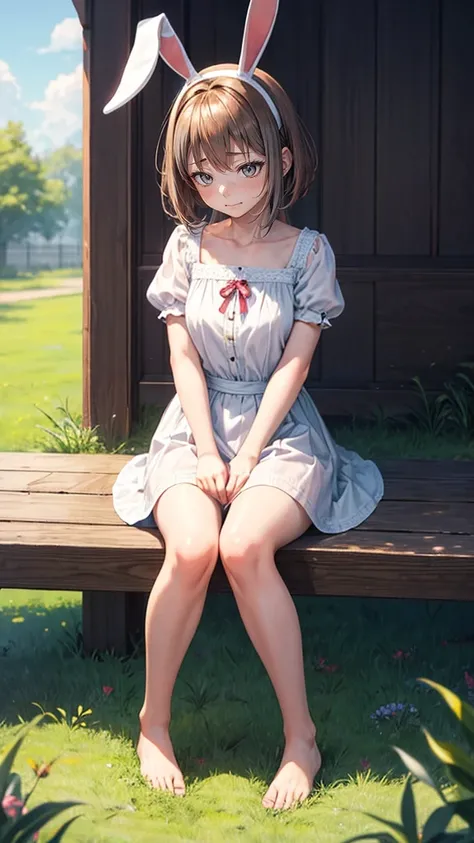 ((masterpiece)),1 Girl, Solitary, animal ears, rabbit, barefoot, skirt, sit, rabbit ears, Short sleeve, (Teasing, Shy, [blush: 1.3), Looking at the audience, Grass, Short hair, White hair, Puff sleeves, outdoor, fluffy Short sleeve, Bangs, On the ground, w...