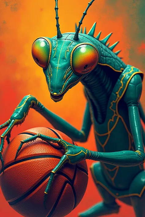 Praying mantis spinning a ball in his finger basketball logo another design which is arrogant and fierce put this design into a basketball Jersey create me a basketball Jersey put this mantis as a design logo another design spinning a ball in his hand