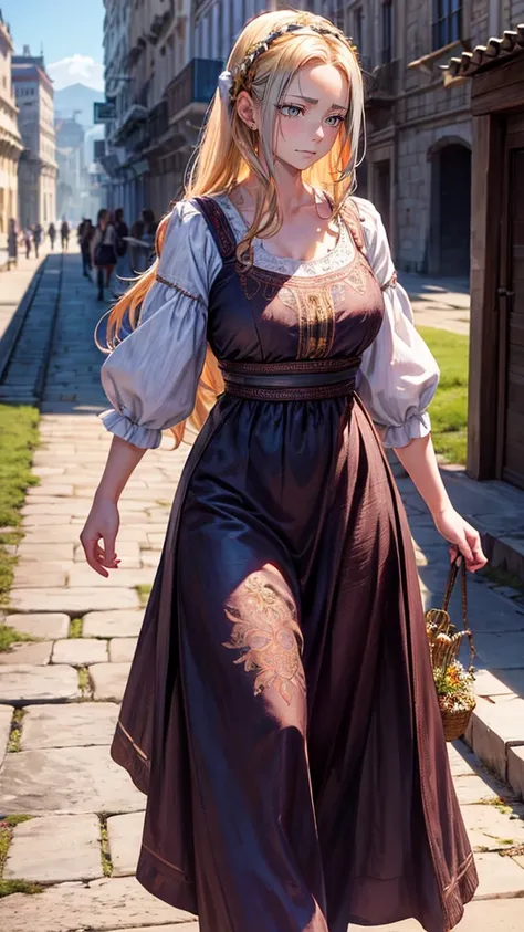 , Masterpiece photo-realistic, Intricate details, RAW photos, Extremely detailed, old fashioned Young woman, Wearing peasant clothing, No neckline, blond, Perfect details and blue eyes, Walking in an ancient city, High-definition quality, 8K, Young woman, ...