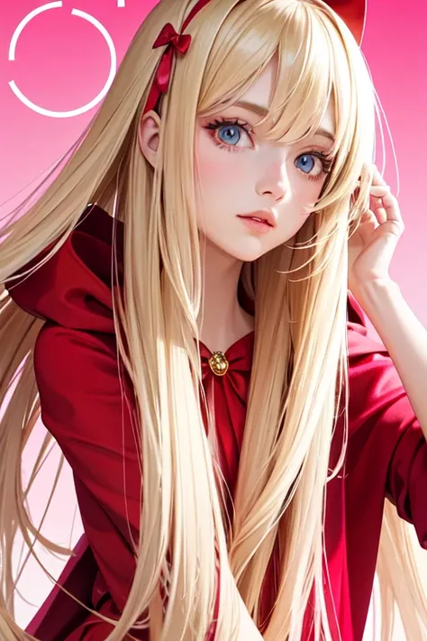 blonde girl with long hair on pink background with spotlight on her face making a contrasting and beautiful circle model style she wears a totally red dress with bows on the sides magazine cover style with model pose