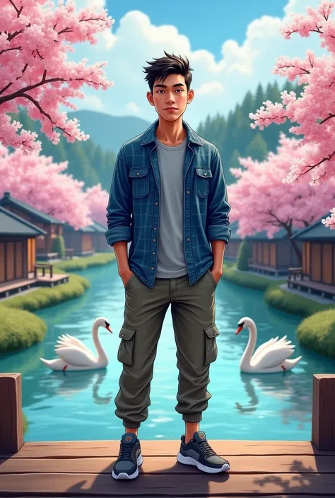 a handsome Indonesian man, very short spiky hair, smiling face, showing a thin figure, blue plaid shirt, grey t-shirt, cargo pants, sport shoes, standing on a wooden bridge there is a river with many swans many typical Japanese houses and cherry blossom tr...