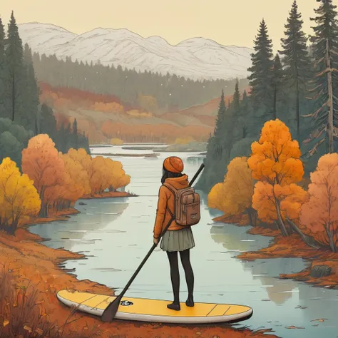 A melancholic scene of a girl hugging a SUP board, longing for the summer that has passed. The setting is an autumn landscape with the first falling snow and a subdued, sad atmosphere. The image is done in a hand-drawn art style inspired by Mattias Adolfss...