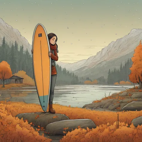 A melancholic scene of a girl hugging a SUP board, longing for the summer that has passed. The setting is an autumn landscape with the first falling snow and a subdued, sad atmosphere. The image is done in a hand-drawn art style inspired by Mattias Adolfss...