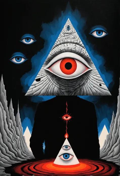 painting of a person holding a red eye in front of a black background, all - seeing eye, ( all seeing eye ), all seeing eye, in style of stanley donwood, 3rd eye, style of stanley donwood, stanley donwood, shamanic horror lsd art, third eye, opening third ...