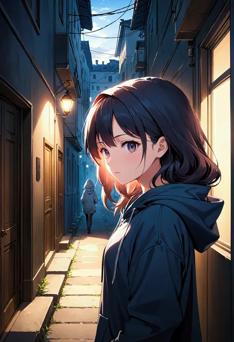 Anime style , beautiful woman in a hoodie , on the way to the mysterious old apartment