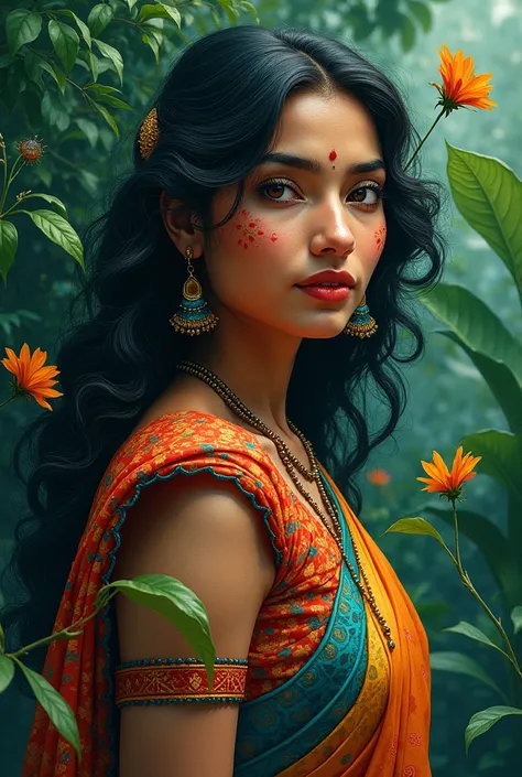 A vibrant Indian woman emerges from the lush jungle foliage, her traditional attire adorned with intricate abstract patterns. Her eyes hold a sense of curiosity and wisdom, reflecting the rich cultural tapestry that surrounds her. The dreamlike atmosphere ...