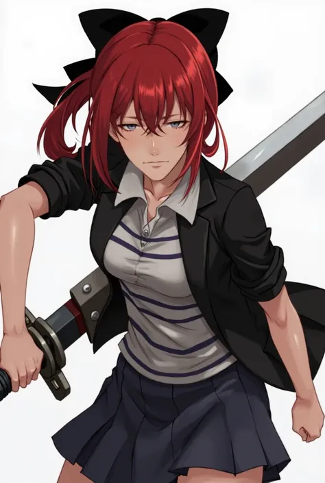 As a girl with a black jacket and a striped polo shirt and a skirt and red hair and a black bow with a sword and a threatening look