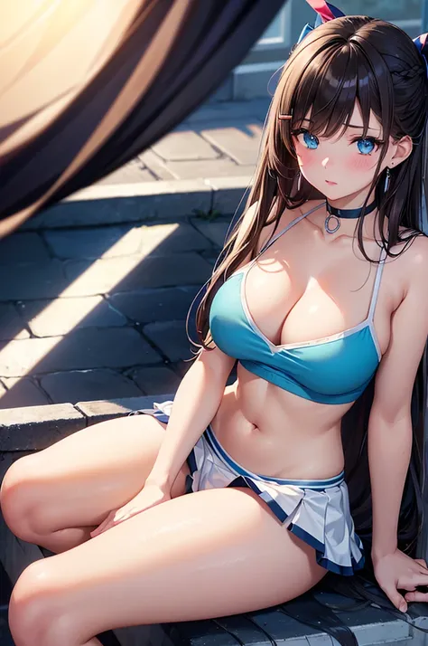 A beautiful girl in a blue and red top sitting on the ground, anime girl, grass, (cheerleader), midriff, cleavage, sneakers, sitting, (knees bent), skirt lift, (white panties), (highly detailed beautiful face), big rounds breasts, dark brown hair, streaked...