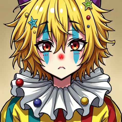 This character is an avatar with a fun and colorful look that resembles a party clown.. Here is the detailed description:

head: O personagem tem cabelo yellow brilhante e bagunçado. A expressão facial é cansado com olhos pra baixo e sonolentos reds

Chapé...