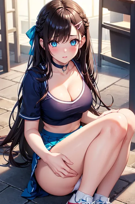 A beautiful girl in a blue and red top sitting on the ground, anime girl, grass, (cheerleader), midriff, cleavage, sneakers, sitting, (knees bent), skirt lift, (white panties), (highly detailed beautiful face), big rounds breasts, dark brown hair, streaked...