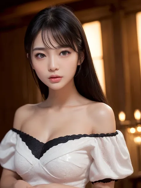 a very beautiful japanese girl, very cute high school girl assassin, detailed portrait of innocent 17-years-old virgin, at night, in front of a lords manor at the dining hall, ((off-shoulder white evening gown)),((scowl, glaring, frown, open mouth wide:1.2...