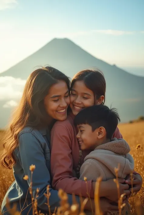 Beautiful 30 year old woman Hinab invites her  daughter and  son on holiday to Mount Bromo with a beautiful view of the mist. Happy facial expression while hugging her mother and in front of her there is a raised writing that says ZIAD AND BEAUTIFUL love m...