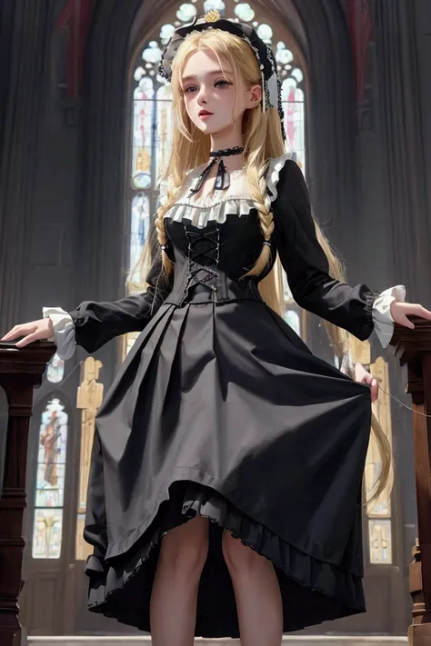 (Best quality, 8k, 32K, Masterpiece, UHD:1.2), (masterpiece, Best Quality), Intricate details, thin, ((slim)), Sharp jawline, partially braided, hairpin, Gothic Lolita fashion, a beautiful girl with long blonde hair, cute, face forward, Choker, full body s...