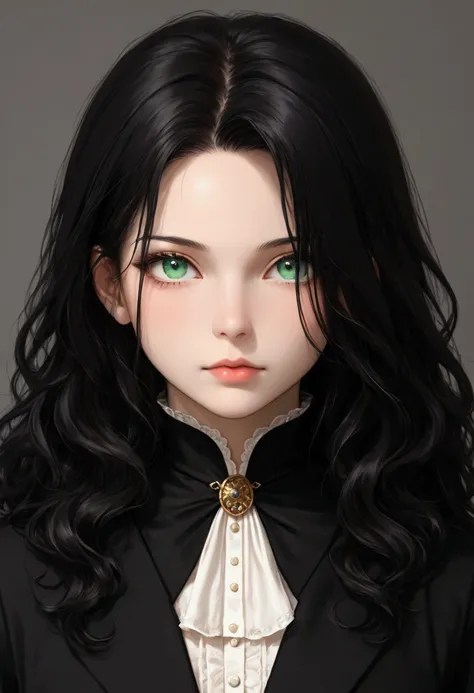 Black-haired girl with one blue eye and one green eye and pale skin, dressed in black
