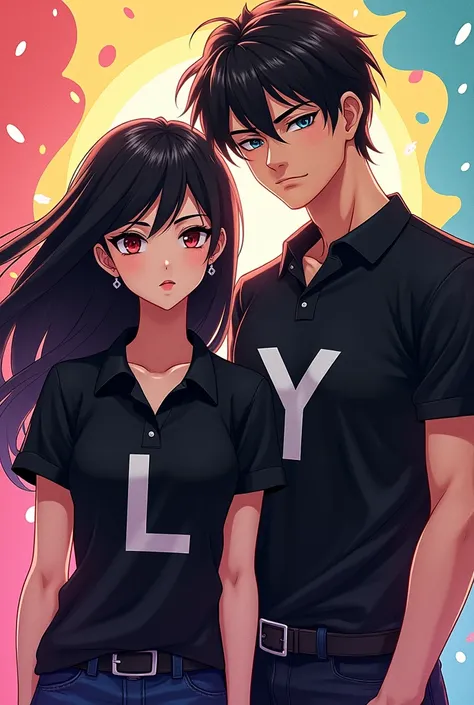 a couple, woman with black polo shirt and letter L and man with black polo shirt and letter Y anime
