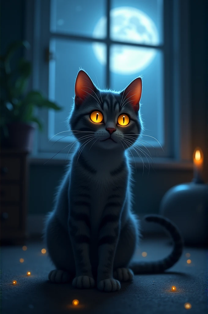 

"Generate an image of a cute cat with glowing, reflective eyes sitting in a dimly lit room. The room has soft moonlight streaming in through a window, highlighting the cats night vision ability. The cat looks curious and alert, with its whiskers visible,...