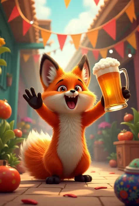 Cute fox drinking a beer mug cheering Mexico 