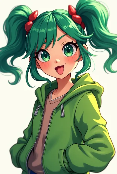 From Wreck It Ralph Vanellope Anime girl sticking out tongue Naughty My Bad Green Zip jacket 