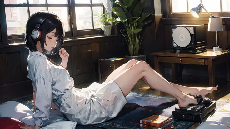 (masterpiece:1.2, Best Quality), whiteい部屋, whiteい壁, simple, City Room, Luxury Apartments, Bright room, One Woman, whiteいカーテン, Short black hair, Side angle, Shooting from the side, Headphones, Cool Outfits, Record player, City Girl, Close your eyes, meditat...