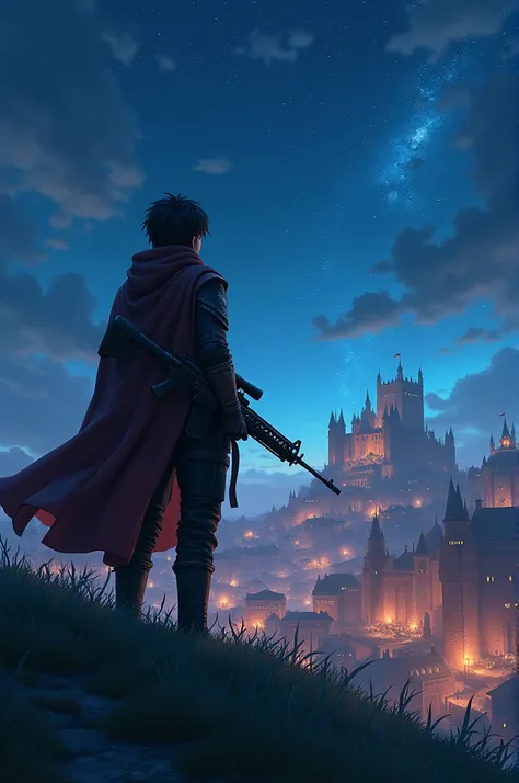 In medieval fantasy,  an isekai adventurer im medieval adventurer clothing with a modern  rifle standing at a hill(at the side), gazing at the scenery of the vibrant mevieval city under the starry night sky.