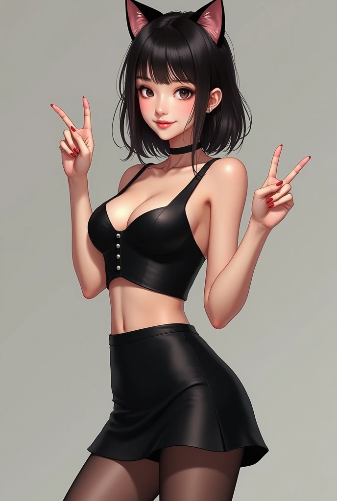 Slim Asian girl with small breasts and beautiful in black short skirt with black crop top and mid-thigh stocking with cat ears standing , with a two-finger hand gesture 