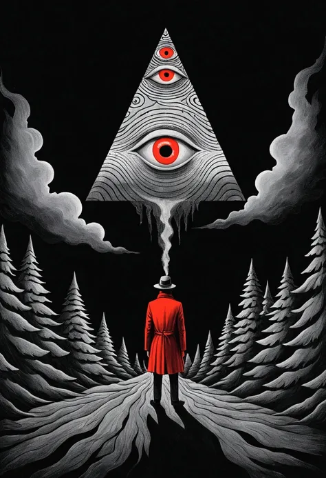 painting of a person holding a red eye in front of a black background, all - seeing eye, ( all seeing eye ), all seeing eye, in style of stanley donwood, 3rd eye, style of stanley donwood, stanley donwood, shamanic horror lsd art, third eye, opening third ...