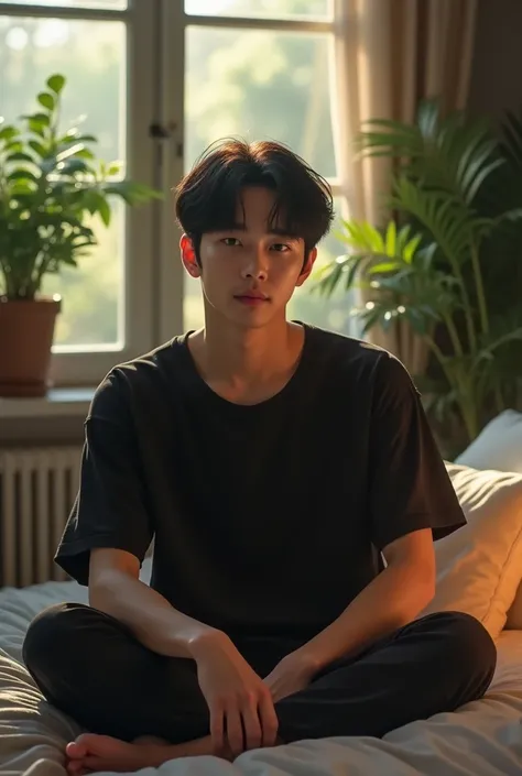 (photorealism:1.2), a korean man that looks like BTS jungkook, sitting on bed, black t-shirt, pajama pants, short dark hair, indoors, soft lighting, plants in background, window with sunlight, cozy room, relaxed pose, realistic, intricate details, warm colors, 