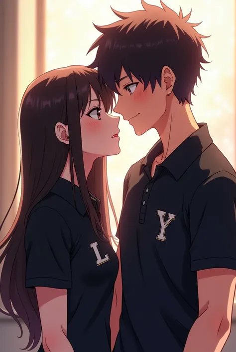 A couple about to kiss, woman with black polo shirt and letter L and man with black polo shirt and letter Y anime  
