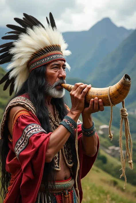 An Inca man playing a pututu with white plumes on his head and a quipu in his other hand