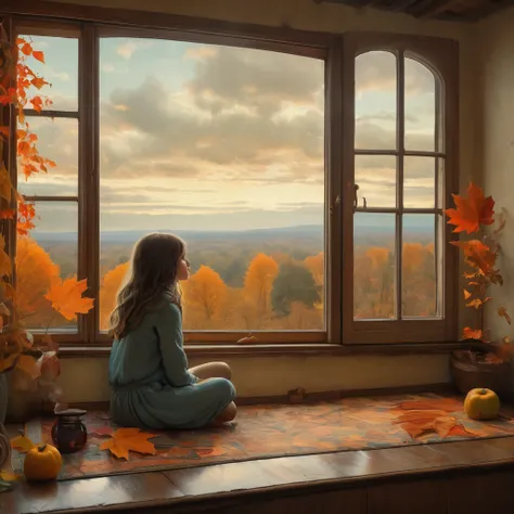 A melancholic scene of a girl sitting by a window, looking out longingly. Next to her is a SUP board, either standing upright or lying down, symbolizing memories of the past summer. Through the window, an autumn landscape with falling leaves and a cloudy s...