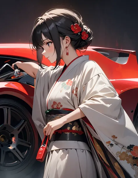 only the girl in the picture, white background, detailed CG unit, Masterpiece, high resolution, (((from side))), (((holding JDM car model in hands))), (((behind the girl monotone background))), (((Japanese style clothes))), ((1 girl)), (surreal, digital pa...